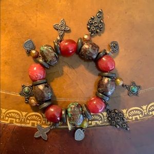 Mixed bead and stretchy bracelet with brass charms